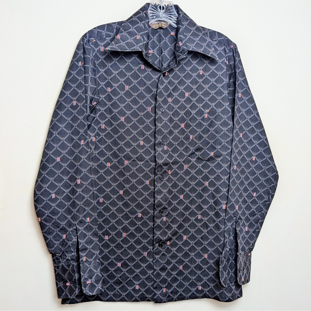 Vintage 70s Baracuta Van Heusen Disco Club Spread Collar Shirt Small